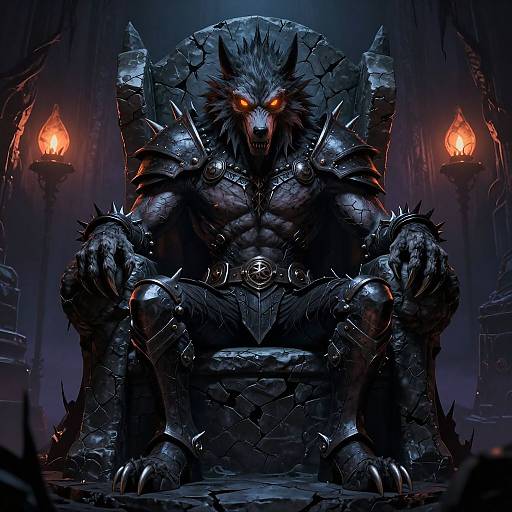 Digital artwork of a muscular, armored werewolf with glowing red eyes, seated on a spiked throne in a dark, gothic cavern with two flaming torch
