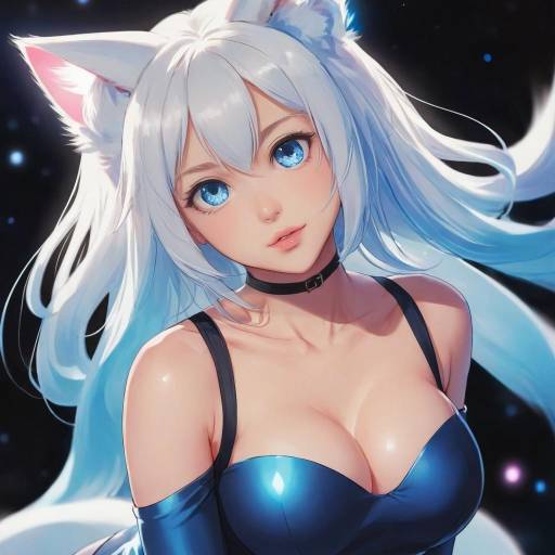 Anime Girl with White Hair and Cat Ears