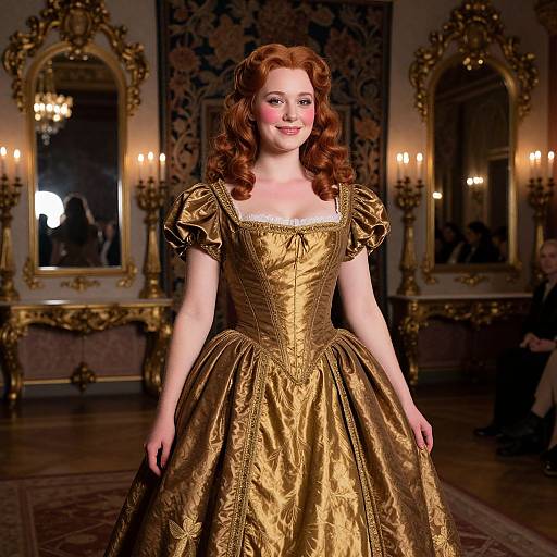 Photograph of a fair-skinned woman with red curls in an elaborate gold Renaissance-style gown, standing in an opulent, candlelit room.
