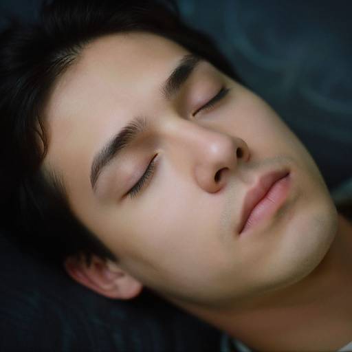 Close-up photograph of a young man with closed eyes, dark hair, and fair skin, lying down with a calm, peaceful expression.