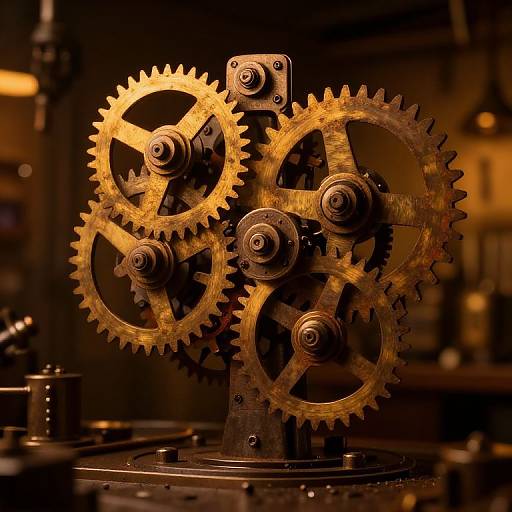 Photograph of intricately interlocked brass gears in a dimly lit industrial setting, showcasing detailed textures and warm amber lighting.