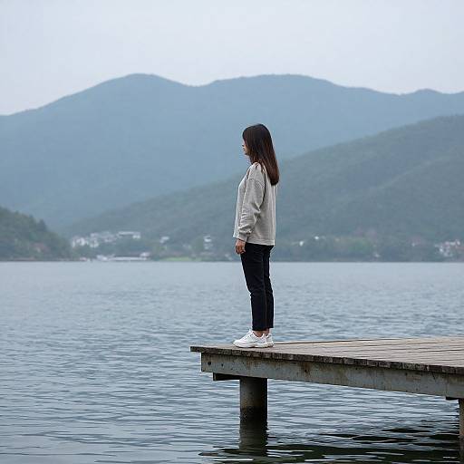 Woman on Dock with Mountain View