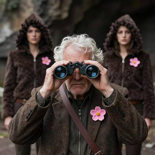 Old Man with Binoculars and Two Women in Fur Costumes