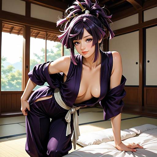 Digital anime-style artwork of a sexy, fair-skinned woman with black hair in a ponytail, wearing a low-cut, black kimono, leaning