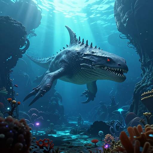 Digital artwork of a menacing, blue-scaled, red-eyed aquatic dinosaur with spiked back, swimming through a vibrant, underwater cave adorned with colorful coral and