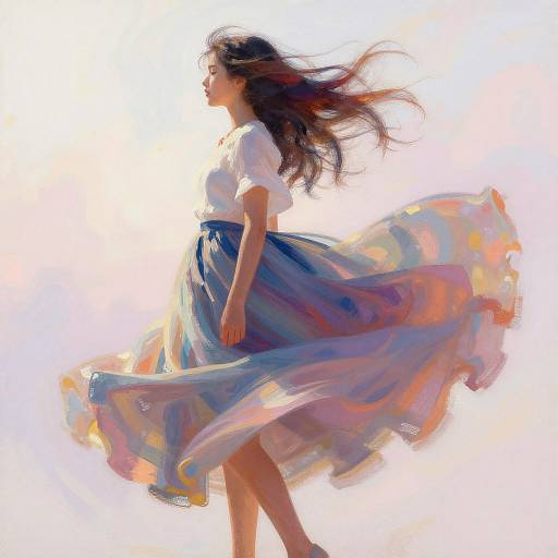 Digital painting of a young woman with long brown hair, wearing a white blouse and flowing blue skirt, dancing against a bright, sunlit background. Her