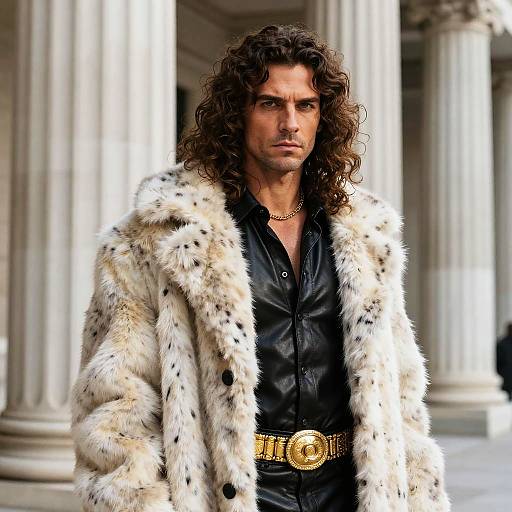 Photograph of a muscular man with long curly brown hair, wearing a black leather shirt, white fur coat with black spots, gold belt, and necklace