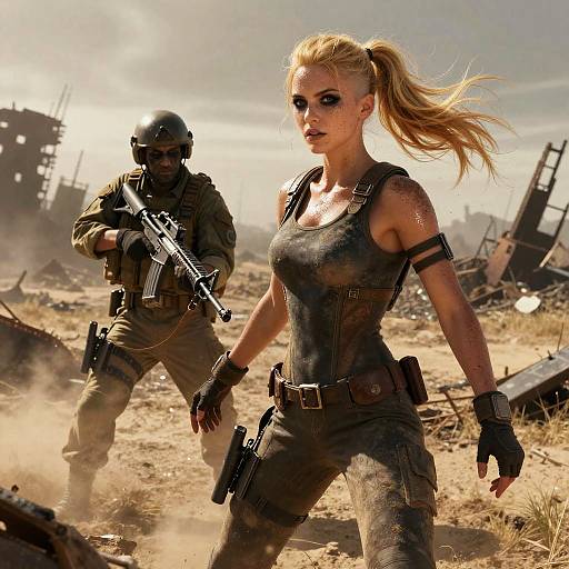 Digital artwork of a fierce, blonde, muscular woman in a dirty tank top and tactical gear, running through a war-torn, dusty ruins with a
