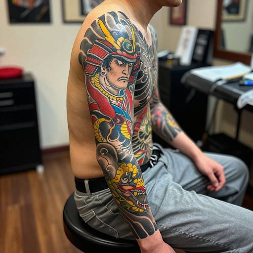 Shirtless man with colorful, intricate tattoo of Aztec warrior on right arm, sitting in tattoo studio with wooden floor and framed artwork in background.