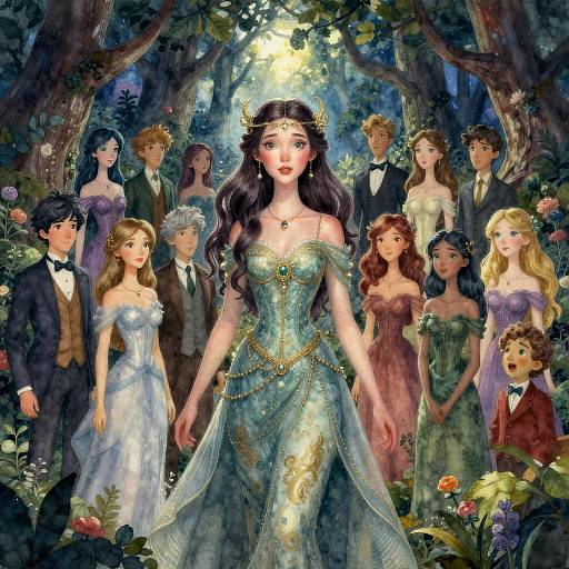 Digital painting of a fairytale forest with a central, glowing princess in a blue, ornate gown, surrounded by elegantly dressed men and women