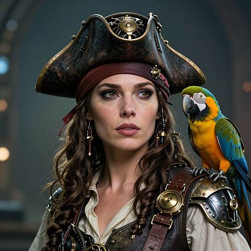 Photograph of a fair-skinned woman with wavy brown hair, wearing a black pirate hat and white shirt, with a colorful parrot on her