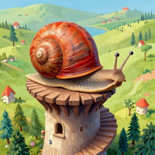 Digital illustration of a large, vibrant red and brown spiral snail on a wooden turret, overlooking a lush, colorful countryside with rolling hills, small red
