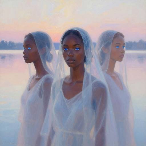 Photograph-style digital artwork of three African women with glowing blue eyes, wearing transparent white veils, standing by a serene, pink-hued lake at