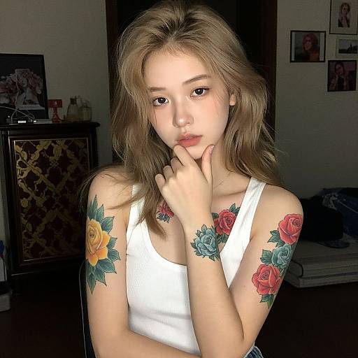 Photograph of a young woman with light brown hair, wearing a white tank top, showcasing colorful rose tattoos on her arms, posing thoughtfully in a