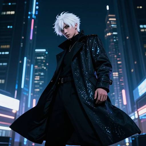 Photograph-style digital artwork of a white-haired, androgynous person in a black, sparkly coat, standing confidently in a neon-lit