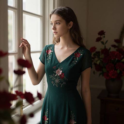 Photograph of a young woman with long brown hair, wearing a dark green dress with red and white floral embroidery, standing by a sunlit window,