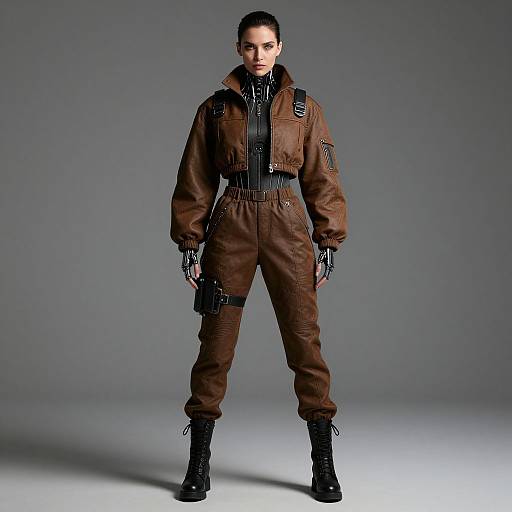 Photograph of a serious, dark-haired woman in brown tactical jumpsuit, black boots, and gloves, standing against a gray background. She holds a