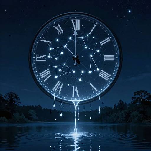 Photograph of a glowing, constellation-like clock face with dripping water, midnight blue sky, and silhouetted trees in the background.