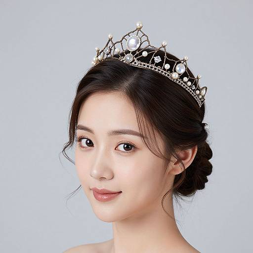 Photograph of an Asian woman with fair skin, black hair in a braid, wearing a gold and pearl tiara, light blue background.