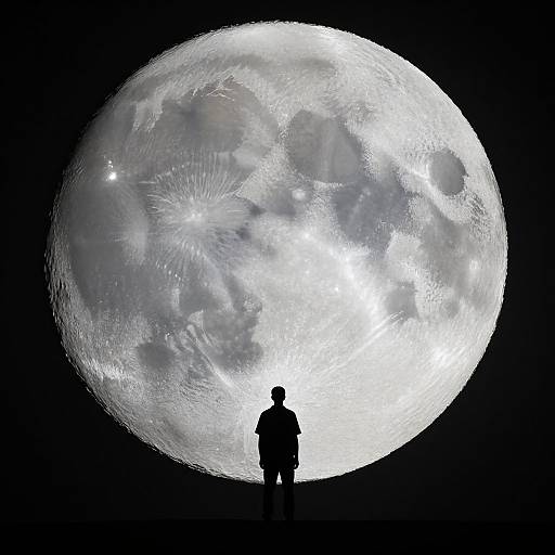 Silhouette of a person standing in front of a massive, detailed full moon in a black night sky. Digital artwork.