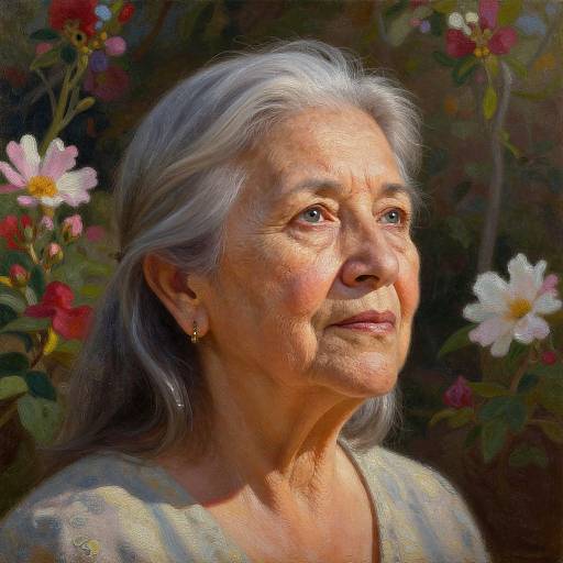 Photorealistic painting of an elderly woman with gray hair, light skin, and gentle smile, wearing a white blouse, surrounded by colorful flowers.