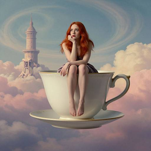 Digital artwork: Red-haired woman with fair skin, in a sleeveless dress, sits in a large white teacup floating among clouds, with a