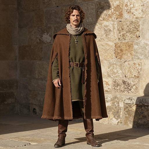 Medieval Man in Brown Cloak and Olive Tunic