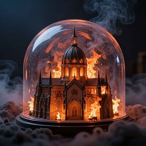 Photograph of a Gothic-style cathedral model engulfed in bright orange flames, enclosed in a clear glass dome, surrounded by dark smoke and set against a