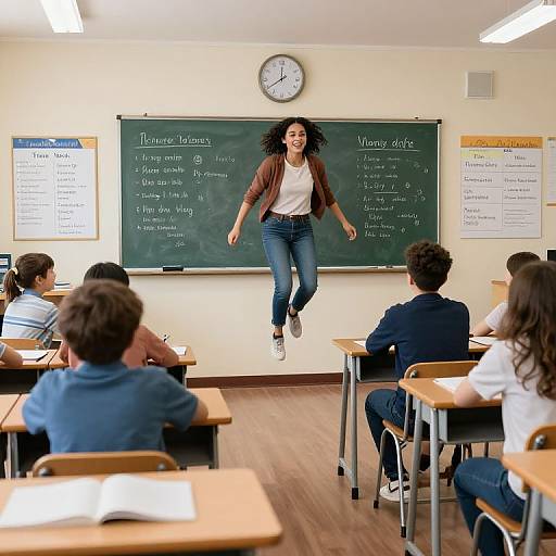 Photograph of a female teacher with curly hair, brown cardigan, white shirt, and blue jeans, jumping joyfully in front of a chalkboard
