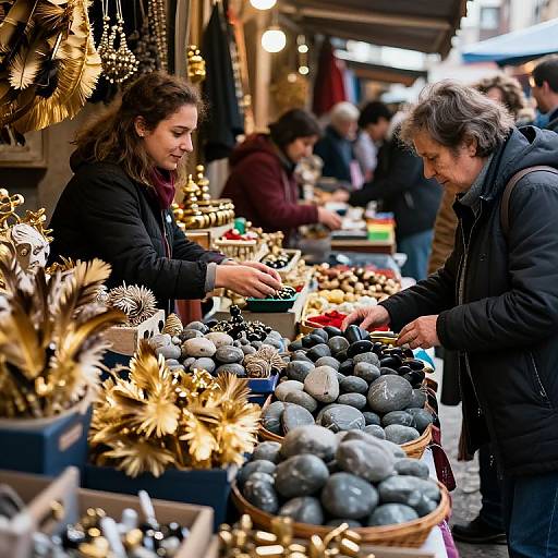 Photograph of a bustling outdoor market; a woman with dark hair and a black jacket, and an older man with gray hair and a black coat,