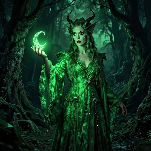 Digital fantasy artwork of a green-lit, horned, dark forest witch with glowing crescent, long flowing dress, and intense gaze.