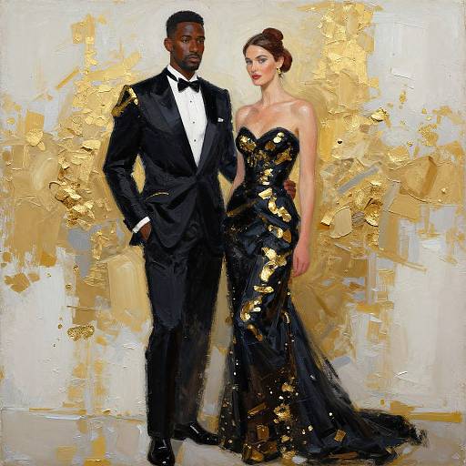Digital painting of a Black man in a black tuxedo and a white woman in a black, gold-sequined strapless gown, standing against