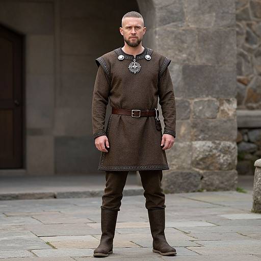 Photograph of a serious, bearded man with a buzzcut, wearing a medieval-style black tunic with silver brooch, brown belt, and