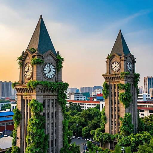 Photograph of two tall, stone clock towers with pointed roofs, covered in green vines, against a cityscape with buildings and trees at sunset.