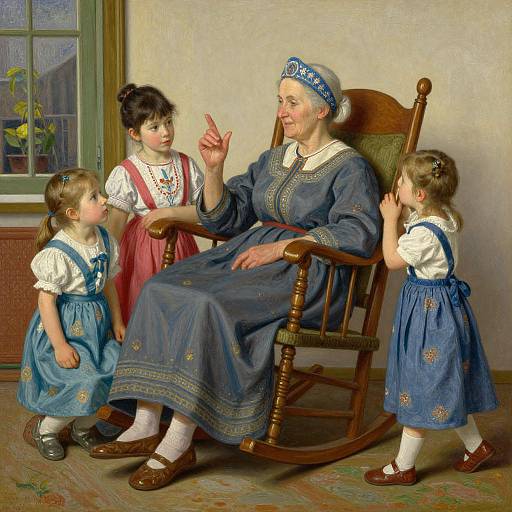 Oil painting of elderly woman in blue dress, white headscarf, seated in wooden rocker, three young girls in blue dresses, white shirts, and