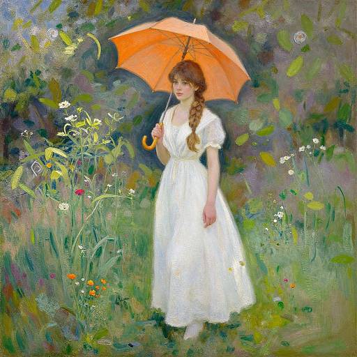 Digital painting of a young woman with long brown hair in a white dress holding an orange umbrella, standing in a vibrant, colorful garden with lush greenery