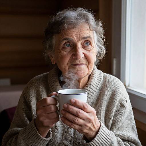 Photograph of an elderly woman with gray hair, wearing a beige knit sweater, holding a steaming white mug, sitting by a window in a wooden