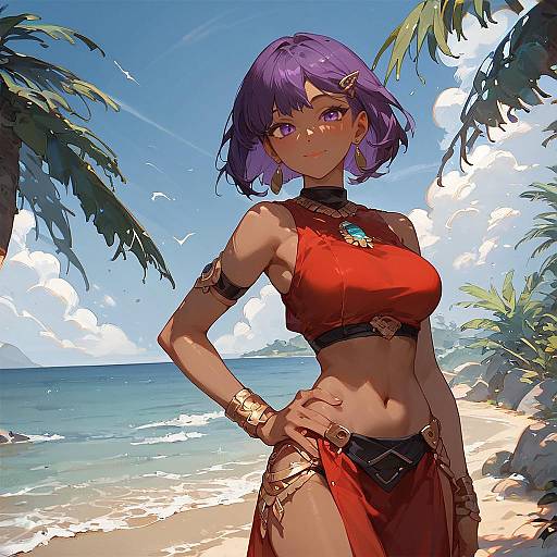 Dark-Skinned Woman with Purple Hair on Tropical Beach