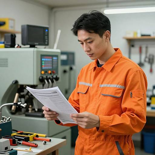 Photograph of an Asian male factory worker in an orange uniform, reading blueprints in a brightly lit workshop with machinery.