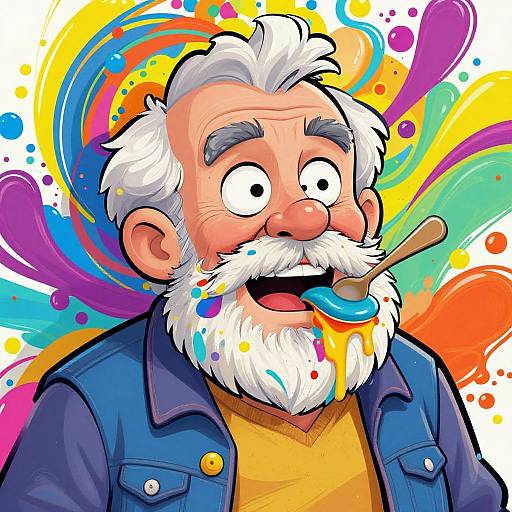 Colorful cartoon of an elderly man with white hair and beard, wearing a blue jacket and yellow shirt, holding a paintbrush in his mouth amidst vibrant