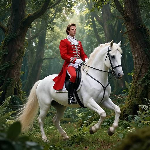 Photograph of a handsome man in a red 18th-century military coat riding a white horse in a lush, sun-dappled forest.