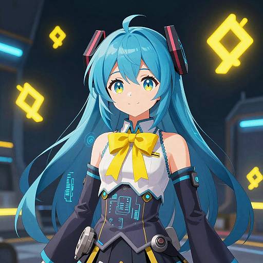 Neon Blue-Haired Sci-Fi Officer with Bow