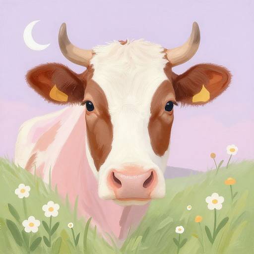Naive Art Cow in Pastel Field