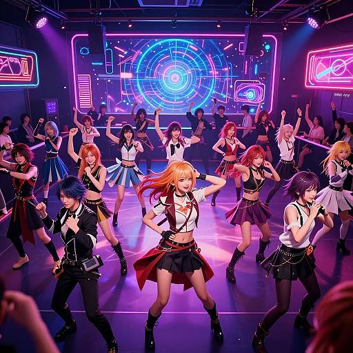 Digital anime artwork of a vibrant, neon-lit dance club featuring a diverse group of energetic, stylish girls in school uniforms performing on stage under colorful,