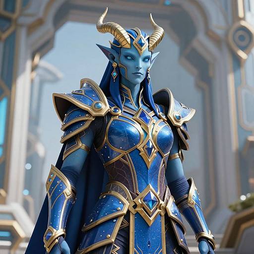 CGI fantasy image of a blue-skinned, horned female demon warrior with gold-accented armor, standing in a sunlit, ornate