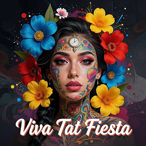 Digital artwork of a woman with vibrant flower crown, colorful face tattoos, and bold makeup, surrounded by bright flowers, with 