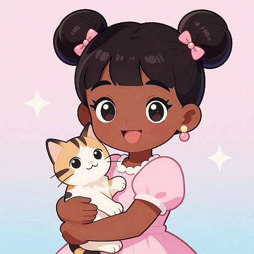 Cute anime-style drawing of a dark-skinned girl with black hair in buns, pink bows, and dress, hugging a happy orange-and