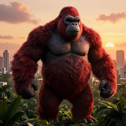 CGI image of a muscular, red-furred, anthropomorphic gorilla standing in a lush jungle with a city skyline and sunset in the background.