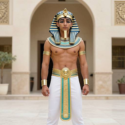 Photorealistic image of a muscular, dark-skinned male wearing ancient Egyptian pharaoh attire, including striped headdress, gold necklaces, and white