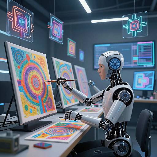 Photorealistic CGI: Female robot artist in futuristic lab, creating vibrant, neon-patterned digital art on multiple screens, illuminated by glowing circuit designs.